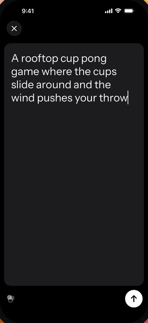 Lore for iPhone: typing a prompt for a rooftop cup pong game.