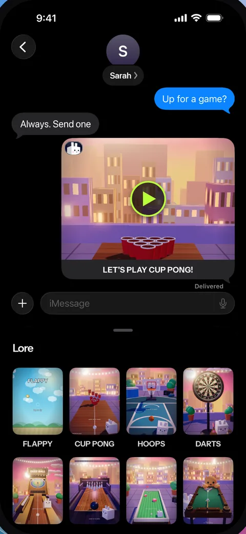 Lore for iPhone: sending the cup pong game to a friend in Messages.