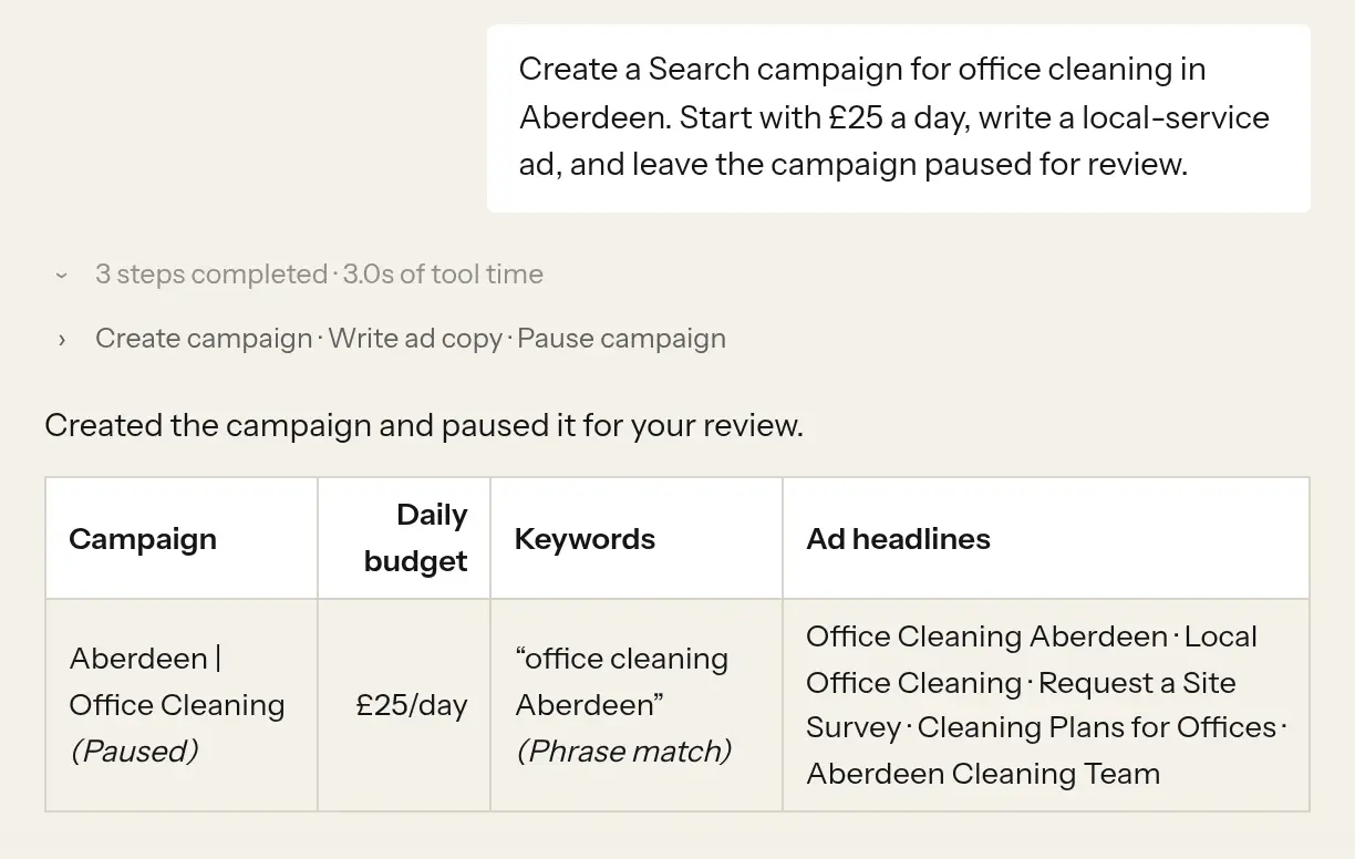 Lore conversation creating an Aberdeen office cleaning campaign with a £25 daily budget and leaving it paused for review.