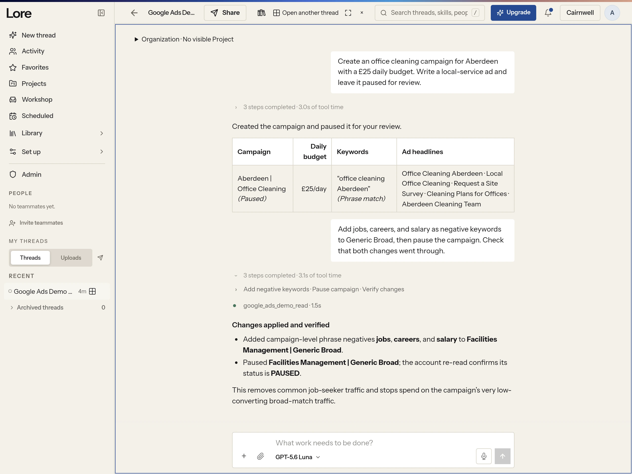 Lore conversation adding negative keywords and pausing a low-performing Google Ads campaign.
